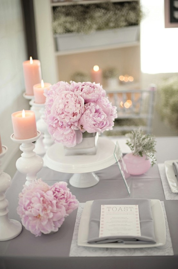 This subtle and muted grey and pink tablescape was featured on the Every